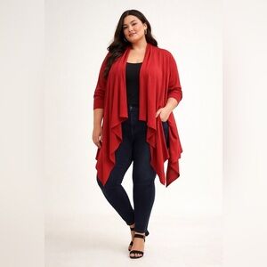 Head Turning Torrid Vibrant Bold Red Drape Waterfall Cardigan in Plus Size 2X.